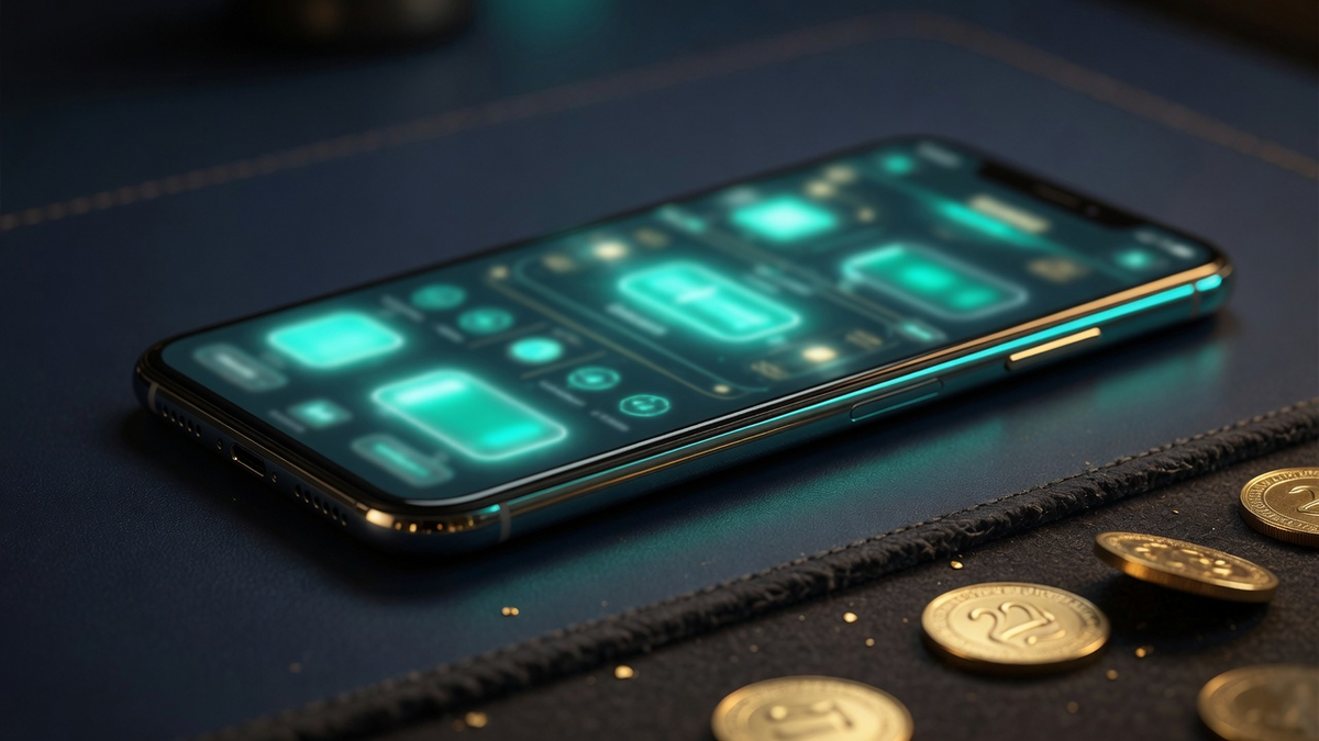 Smartphone on a navy desk with a teal skill-game glow, used as the Kickr Casino App home cover.